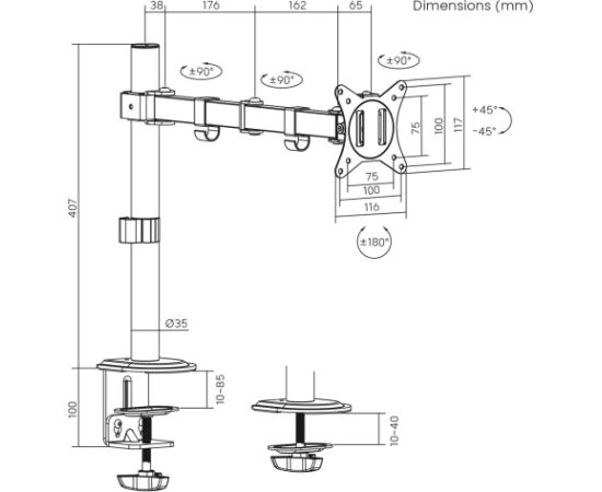 Maclean MC-753N LCD Monitor Desk Mount 17-32" 9kg VESA 75x75 100x100 Single Arm Extendable Adjustable