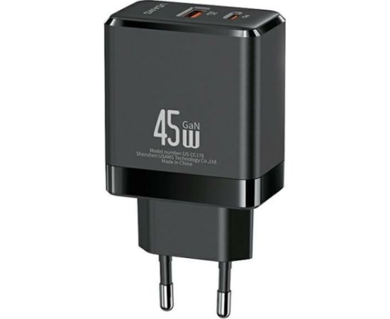 USAMS 1xUSB-C+1xUSB 45W (tikai lādētājs) GaN PD3.0 +QC3.0 ātrais lādētājs| Melns (US-CC178)