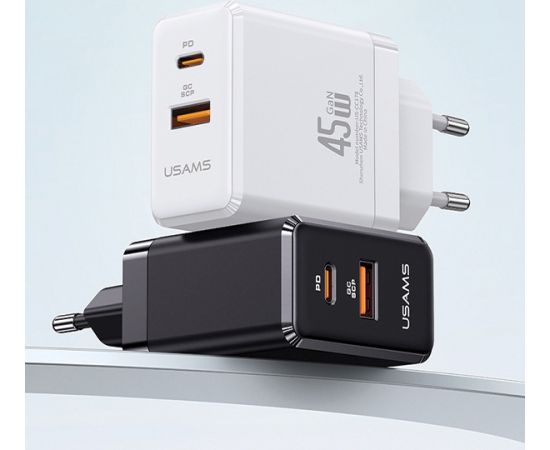USAMS 1xUSB-C+1xUSB 45W (tikai lādētājs) GaN PD3.0 +QC3.0 ātrais lādētājs| Melns (US-CC178)