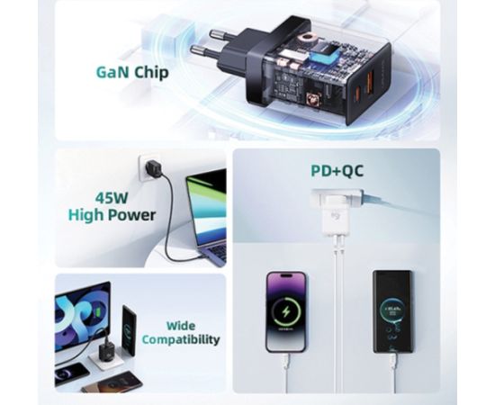 USAMS 1xUSB-C+1xUSB 45W (tikai lādētājs) GaN PD3.0 +QC3.0 ātrais lādētājs| Melns (US-CC178)