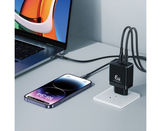 USAMS 1xUSB-C+1xUSB 45W (tikai lādētājs) GaN PD3.0 +QC3.0 ātrais lādētājs| Melns (US-CC178)