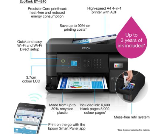 Epson EcoTank ET-4810, multifunction printer (black, USB, LAN, WLAN, scan, copy, fax) Lāzera daudzfunkciju printeri