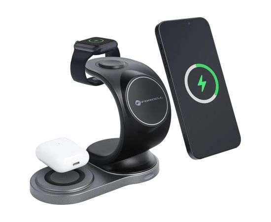 Forcell 3in1 P 15W Беспроводная Magsafe Qi Зарядка Штатив для Смартфона / Смарт часов / TWS наушников Черный