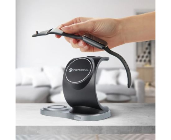 Forcell 3in1 P 15W Беспроводная Magsafe Qi Зарядка Штатив для Смартфона / Смарт часов / TWS наушников Черный
