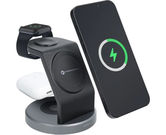Forcell 3in1 C 3в1 15W Беспроводная Magsafe Qi Зарядка Штатив для Смартфона / Смарт часов / TWS наушников Черный
