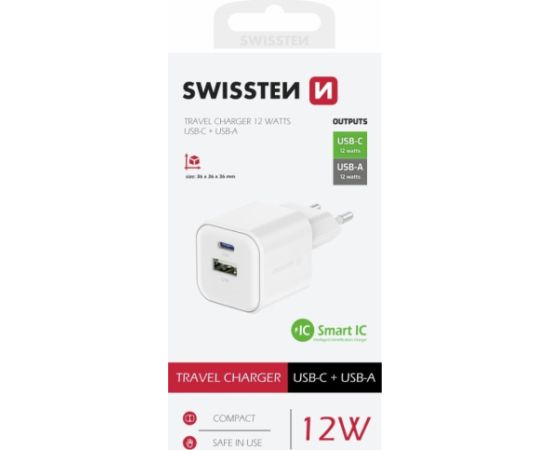 Swissten Tīkla Lādētājs 12W USB-C / USB-A