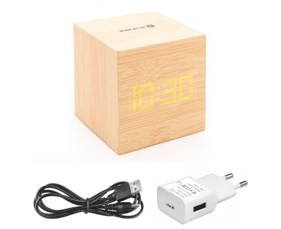 Evelatus EMC02 цифровой деревянный кубический будильник с термометром + USB адаптер Желтый