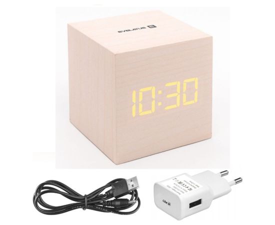 Evelatus EMC02 цифровой деревянный кубический будильник с термометром + USB адаптер Белый