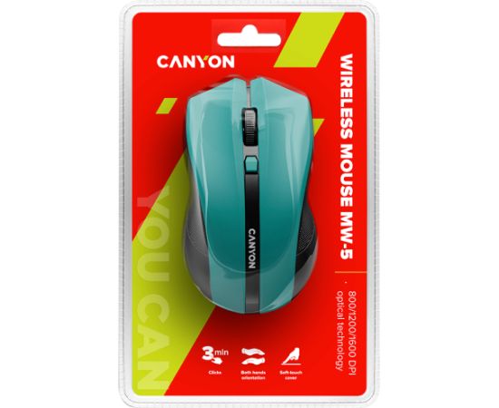 CANYON MW-5, 2.4GHz wireless Optical Mouse with 4 buttons, DPI 800/1200/1600, Green, 122*69*40mm, 0.067kg
