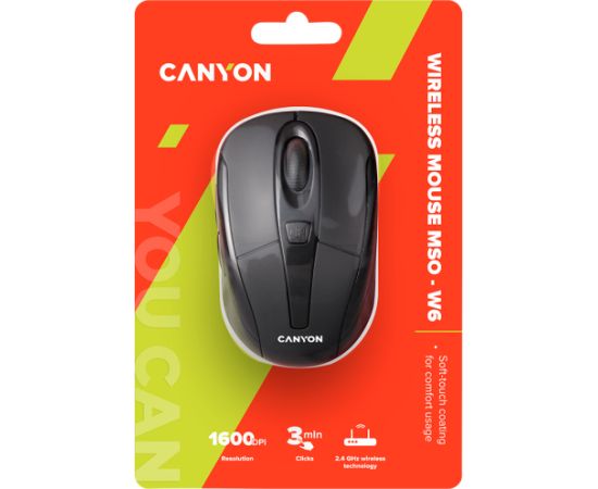 CANYON мышь, цвет - черный/черный, беспроводная 2.4 Гц, регулируемый DPI 800/1000/1600, 6 кнопок, прорезиненное покрытие.