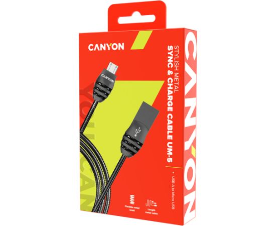 CANYON UM-5, Micro USB 2.0 standard cable, Power & Data output, 5V 2A, OD 3.5mm, metallic Jacket, 1m, gun color, 0.04kg