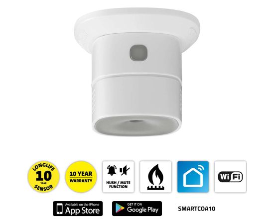 Nedis SmartLife oglekļa monoksīda (CO) detektors, Wi-Fi, baterija CR123A, 85 dB, balts