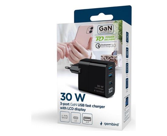 CHARGER USB 30W 3PORT/TA-UC-PDQC30LCD-BK-02 GEMBIRD