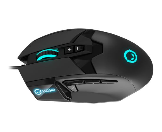 LORGAR Stricter 579, gaming mouse, 9 programmable buttons, Pixart PMW3336 sensor, DPI up to 12 000, 50 million clicks buttons lifespan, 2 switches, built-in display, 1.8m USB soft silicone cable, Matt UV coating with glossy parts and RGB lights with 4 LED