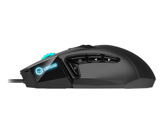 LORGAR Stricter 579, gaming mouse, 9 programmable buttons, Pixart PMW3336 sensor, DPI up to 12 000, 50 million clicks buttons lifespan, 2 switches, built-in display, 1.8m USB soft silicone cable, Matt UV coating with glossy parts and RGB lights with 4 LED