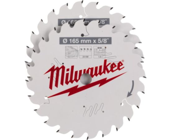 Griešanas disks kokam Milwaukee 4932479836; 165x1,6x15,87 mm; Z24; 15°; 2 gab.