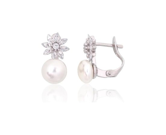 Sudraba auskari ar 'angļu' slēdzēju #2204152(PRh-Gr)_CZ+PE, Sudrabs 925°, rodijs (pārklājums), Cirkoni, Pērles, 2.4 gr. Ar "angļu" slēdzēju