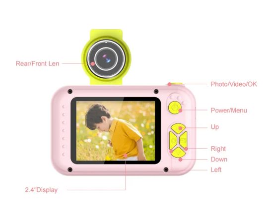 CP FL1 Bērnu Nolokāmas linzas Foto un Video Kamera ar MicroSD 2'' LCD krāsu displeju Rozā