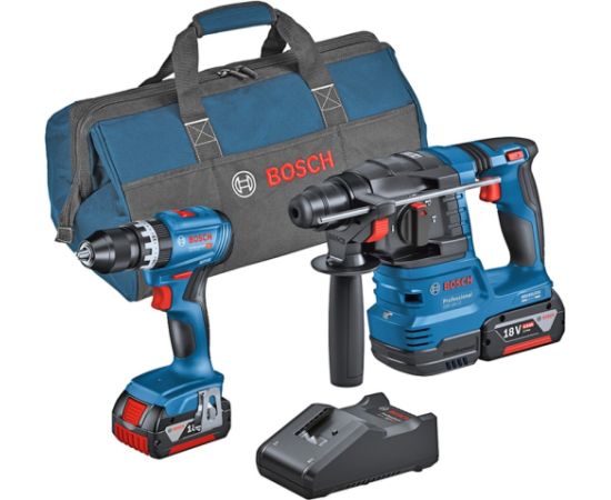 Bosch combination set cordless impact drill GSB 18V-45 + cordless hammer drill GBH 18V-22 (blue, 2x Li-ion battery 4.0Ah, tool bag)  Elektroinstrumentu komplekti