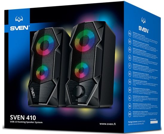 Skaļruņi 2.0 Sven 410, melni (6 W, USB barošana, fona apgaismojums)