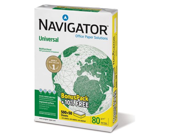 Papīrs NAVIGATOR UNIVERSAL A4 80g/m2, 500 + 50 loksnes/iepakojumā
