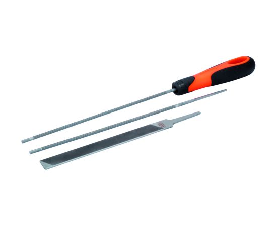 Bahco Zāģa ķēžu asināšanas komlekts 4,8mm (2 apaļās, 1 plakanā, rokturis)