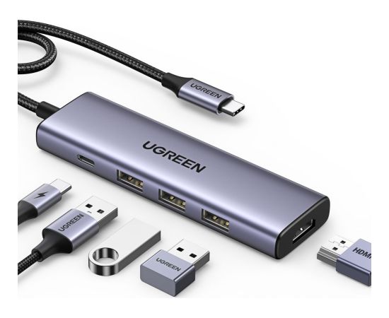 Ugreen   Multifunctional HUB 5in1 USB-C - HDMI 1.4 / 3 x USB-A / USB-C PD 100W Ugreen CM511 - gray
