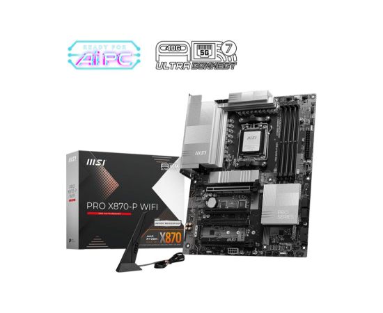 Mainboard MSI AMD X870 SAM5 ATX Memory DDR5 Memory slots 4 2xPCI-Express 3.0 1x 1xPCI-Express 4.0 4x	 1xPCI-Express 5.0 16x 3xM.2 1xHDMI 4xUSB 2.0 3xUSB 3.2 2xUSB-C 1xRJ45 3xAudio port PROX870-PWIFI Mātes plates