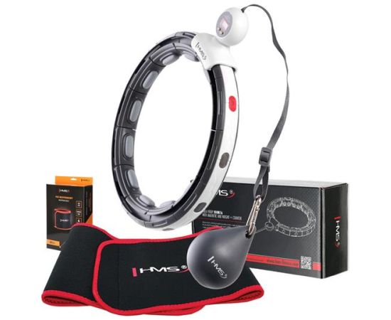 Komplekts SET HULA HOOP MAGNETIC BLACK HHM15 WITH WEIGHT + COUNTER HMS + WAIST SUPPORT BR163 RED Vingrošanas riņķi