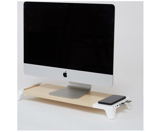 POUT EYES8 - 3-in-1 wooden monitor stand hub with fast wireless charging pad, white