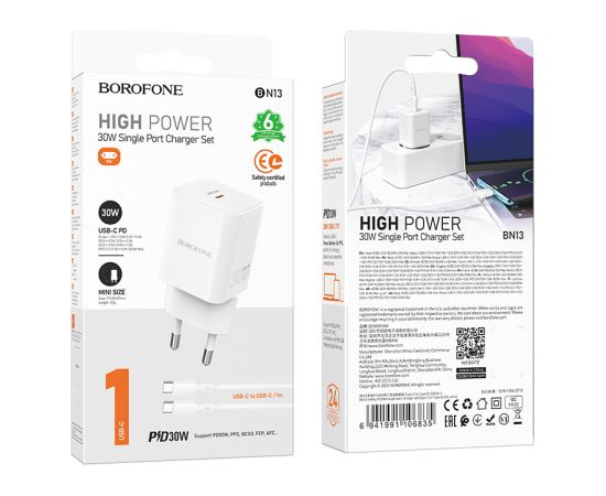 OEM Borofone Wall charger BN13 Safety - Type C - PD 30W with Type C to Type C cable white Telefonu lādētāji 220v