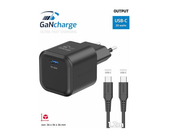 Swissten 3арядное устройство GaN USB-C 20W PD + Kабель для передачи данных USB-C-USB-C 1.2m