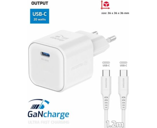 Swissten 3арядное устройство GaN USB-C 20W PD + Kабель для передачи данных USB-C-USB-C 1.2m