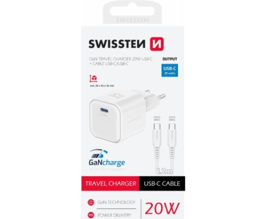 Swissten 3арядное устройство GaN USB-C 20W PD + Kабель для передачи данных USB-C-USB-C 1.2m