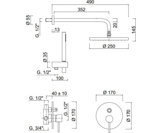 Giulini G Futuro iebūvējams dušas komplekts ar dušas galvu 25 cm, hroms - gab.  Смесители для душа / Душевые системы
