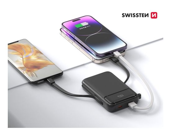 Swissten Power Bank 10000 mAh 20W со встроенными кабелями USB-C и Lightning (совместим с MagSafe)