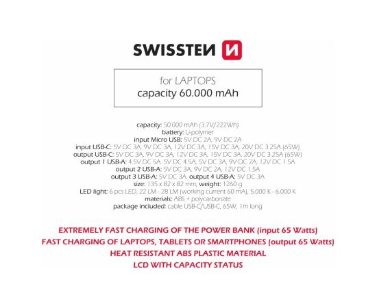 Swissten Power Line Power Bank  60 000 mAh / 65W