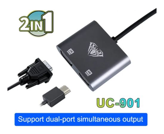 Aula UC-901 2in1 Video Adapteris - Pāreja no USB-C uz Hdmi 4K 30Hz / VGA monitora ligzda