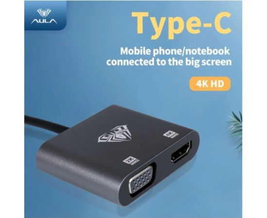 Aula UC-901 2in1 Video Adapteris - Pāreja no USB-C uz Hdmi 4K 30Hz / VGA monitora ligzda