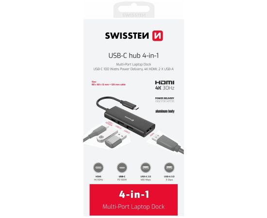 Swissten 4in1 USB-C Hub Многопортовая док-станция 100W / HDMI 4K / 2x USB-A