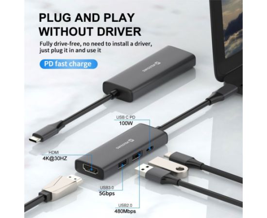 Swissten 4in1 USB-C Hub Многопортовая док-станция 100W / HDMI 4K / 2x USB-A