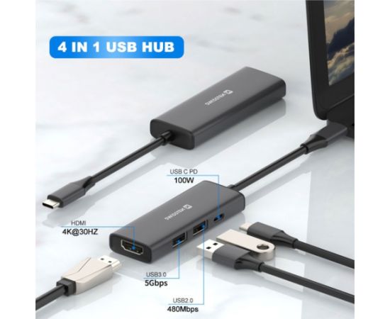 Swissten 4in1 USB-C Hub Многопортовая док-станция 100W / HDMI 4K / 2x USB-A