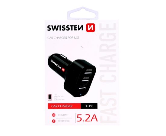 Swissten Triple Premium Auto Lādētājs USB 2.1A + 2.1A + 1A Melns