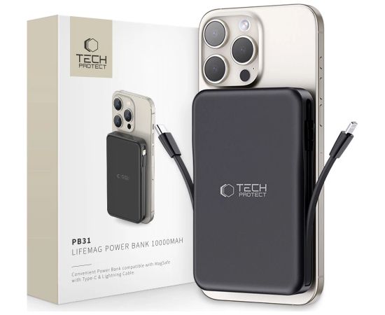 Tech-Protect LifeMag PB31 Powerbank с MagSafe 10000mAh 15W USB-C | USB-A | встроенный кабель USB-C | Lightning - черный