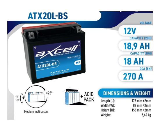 18.9Ah 270A Axcell AGM moto akumulators 175x87x155 12v Akumulatori