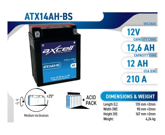 12.6Ah 210A Axcell AGM moto akumulators 135x90x167 Akumulatori