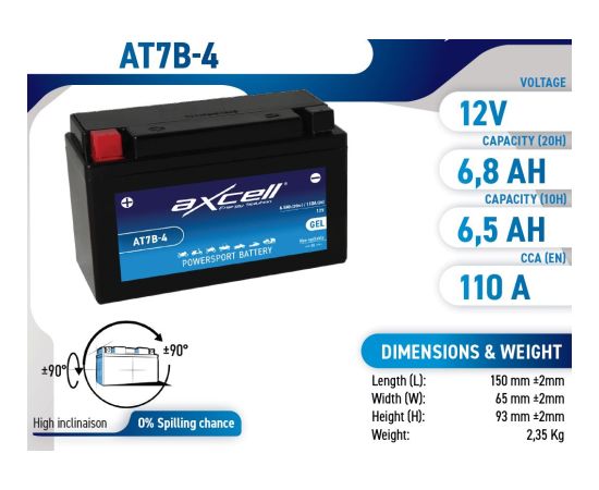 6.8Ah 110A Axcell GEL moto akumulators 150x65x93 Akumulatori