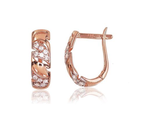 Zelta auskari ar 'angļu' slēdzēju #1200461(Au-R+PRh-W)_CZ, Sarkanais Zelts 585°, rodijs (pārklājums), Cirkoni, 2.47 gr. Zelta auskari ar "angļu" slēdzēju