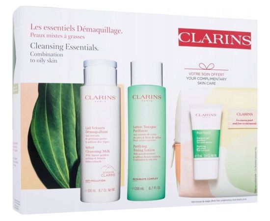 Clarins SET (VELVET CLEANSING MILK 200ML + PURIFYING TONING LOTION 200ML + PURE SCRUB 15ML + COSMETICS BAG)