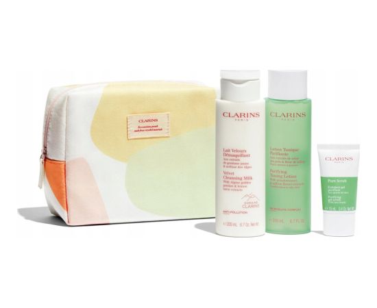 Clarins SET (VELVET CLEANSING MILK 200ML + PURIFYING TONING LOTION 200ML + PURE SCRUB 15ML + COSMETICS BAG)